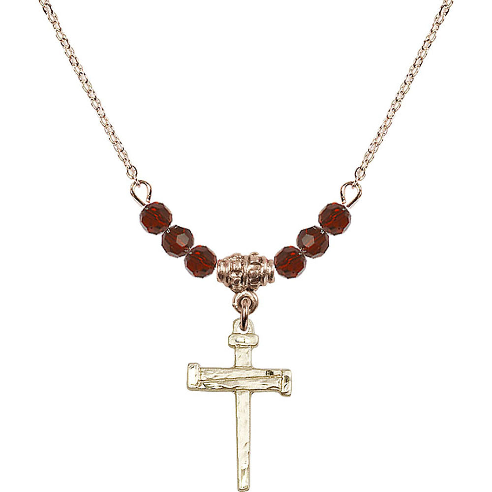 14kt Gold Filled Nail Cross Birthstone Necklace with Garnet Beads - 0012