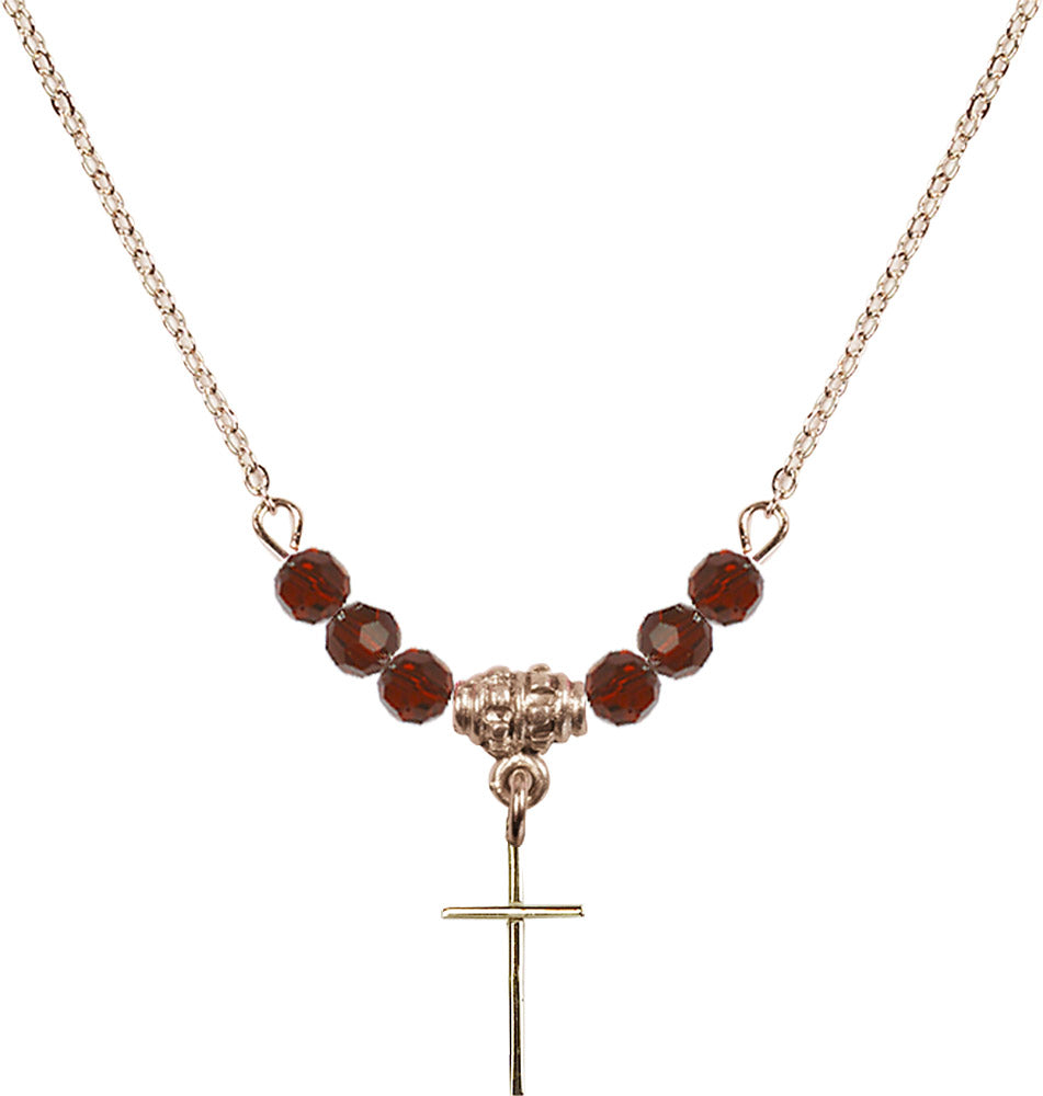 14kt Gold Filled Cross Birthstone Necklace with Garnet Beads - 0014