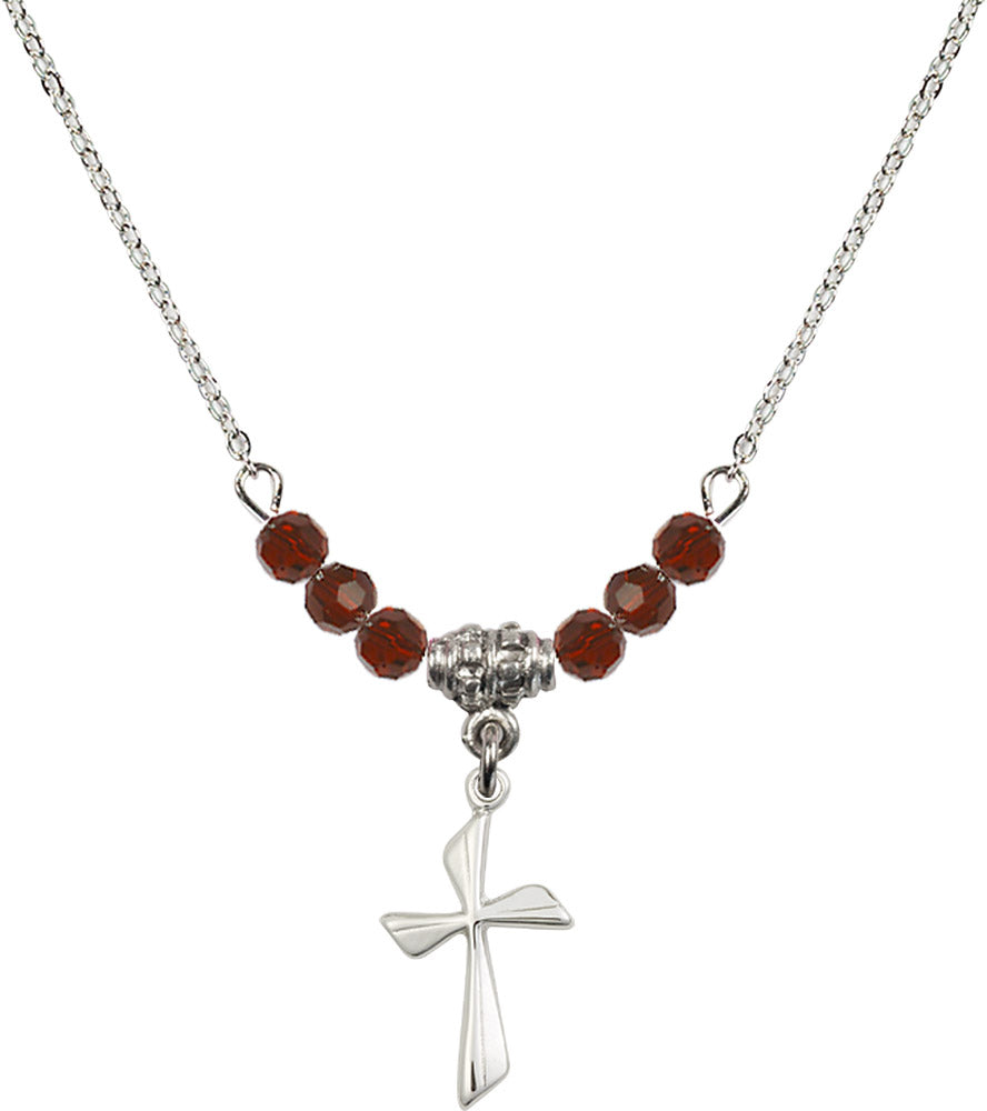 Sterling Silver Cross Birthstone Necklace with Garnet Beads - 0016
