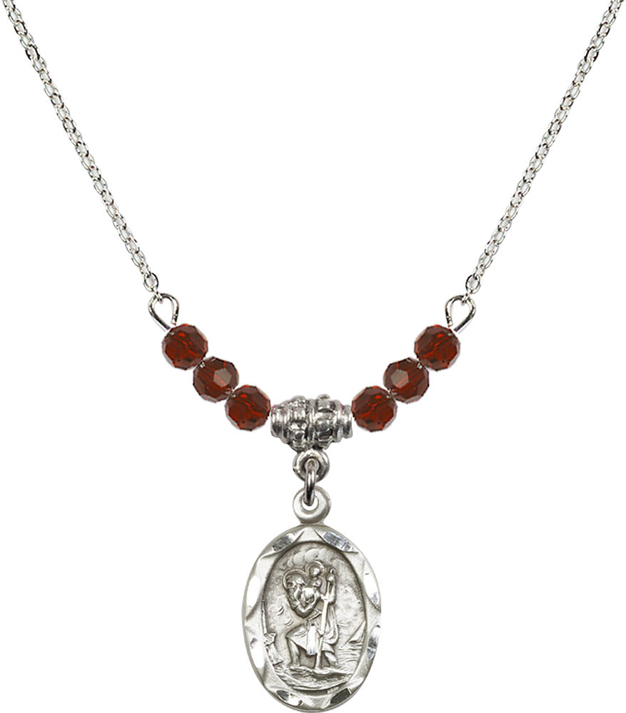 Sterling Silver Saint Christopher Birthstone Necklace with Garnet Beads - 0612