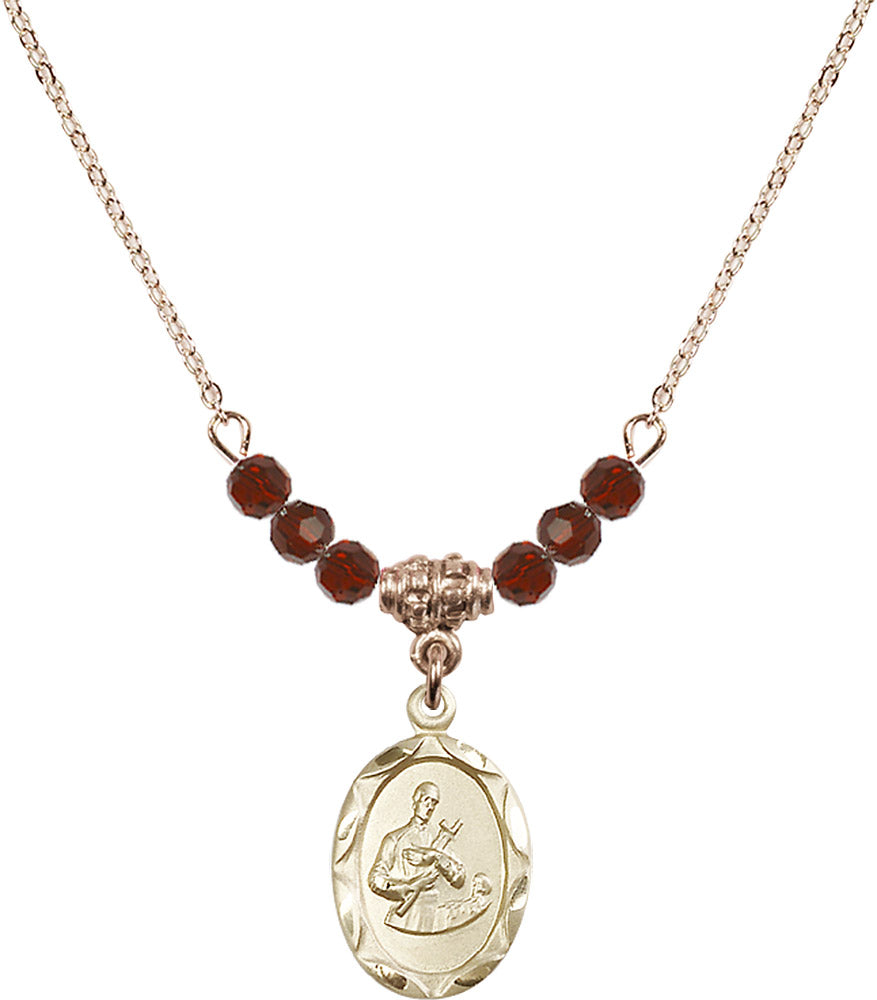 14kt Gold Filled Saint Gerard Birthstone Necklace with Garnet Beads - 0612