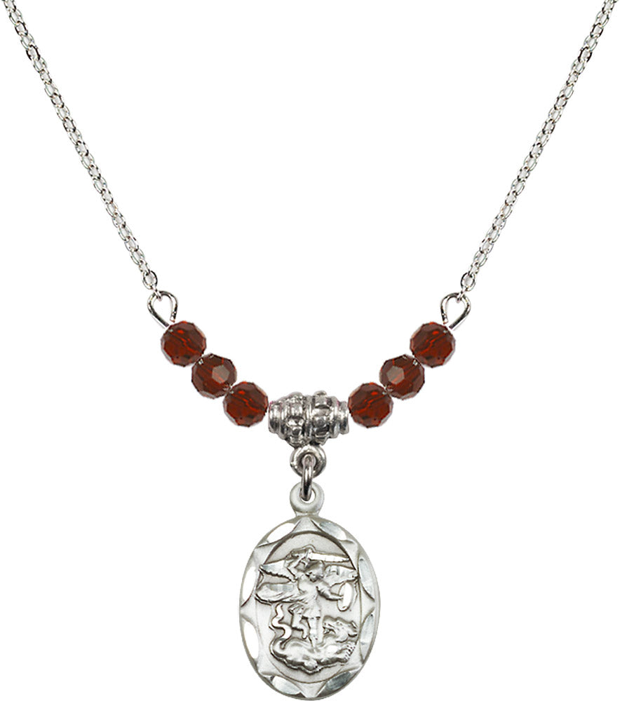 Sterling Silver Saint Michael the Archangel Birthstone Necklace with Garnet Beads - 0612