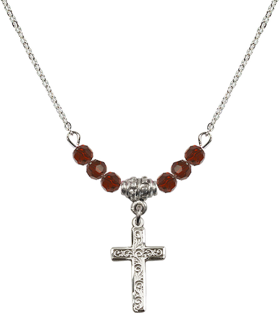 Sterling Silver Cross Birthstone Necklace with Garnet Beads - 0672