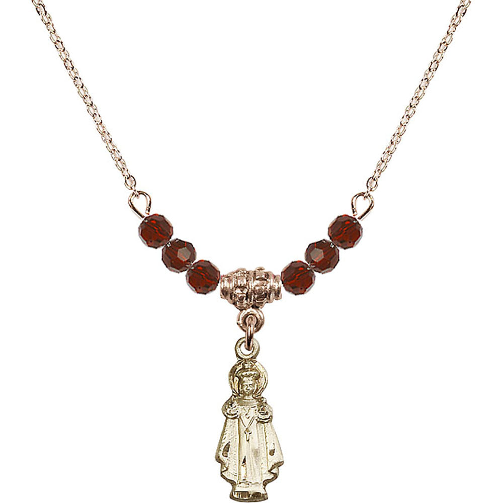 14kt Gold Filled Infant of Prague Birthstone Necklace with Garnet Beads - 0823