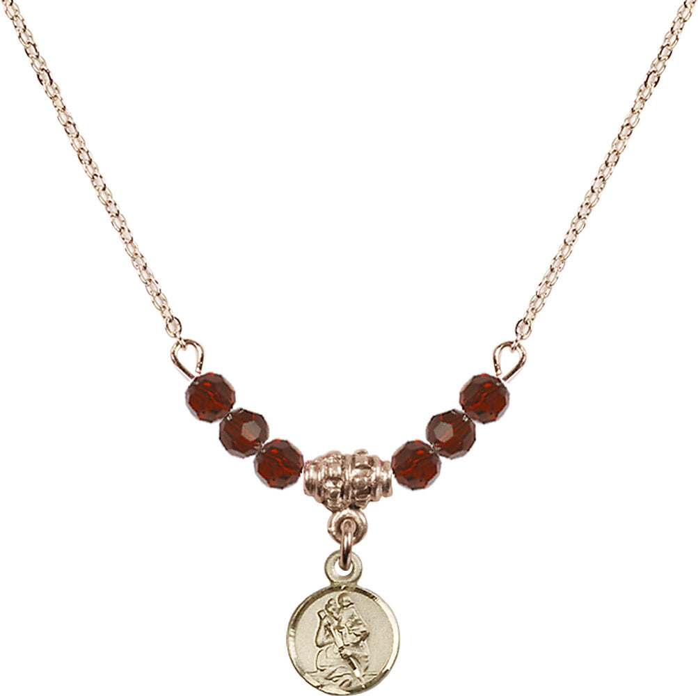 14kt Gold Filled Saint Christopher Birthstone Necklace with Garnet Beads - 2343