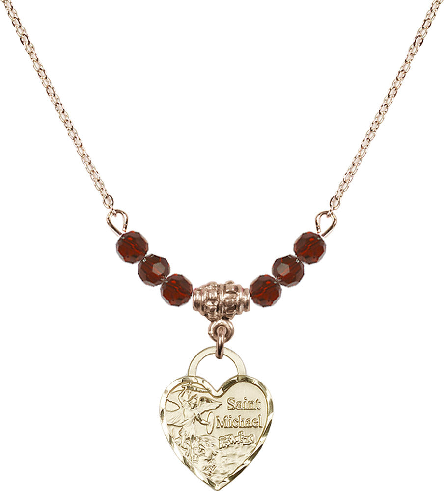 14kt Gold Filled Saint Michael Heart Birthstone Necklace with Garnet Beads - 3403