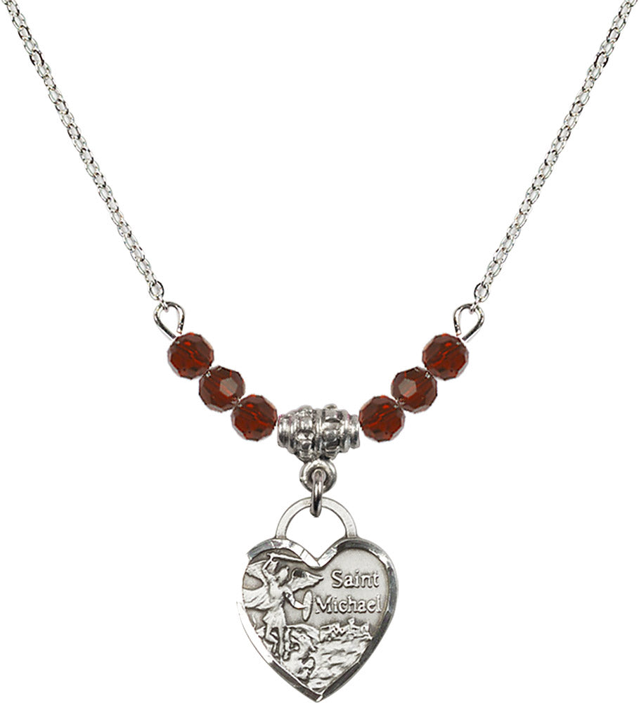 Sterling Silver Saint Michael Heart Birthstone Necklace with Garnet Beads - 3403