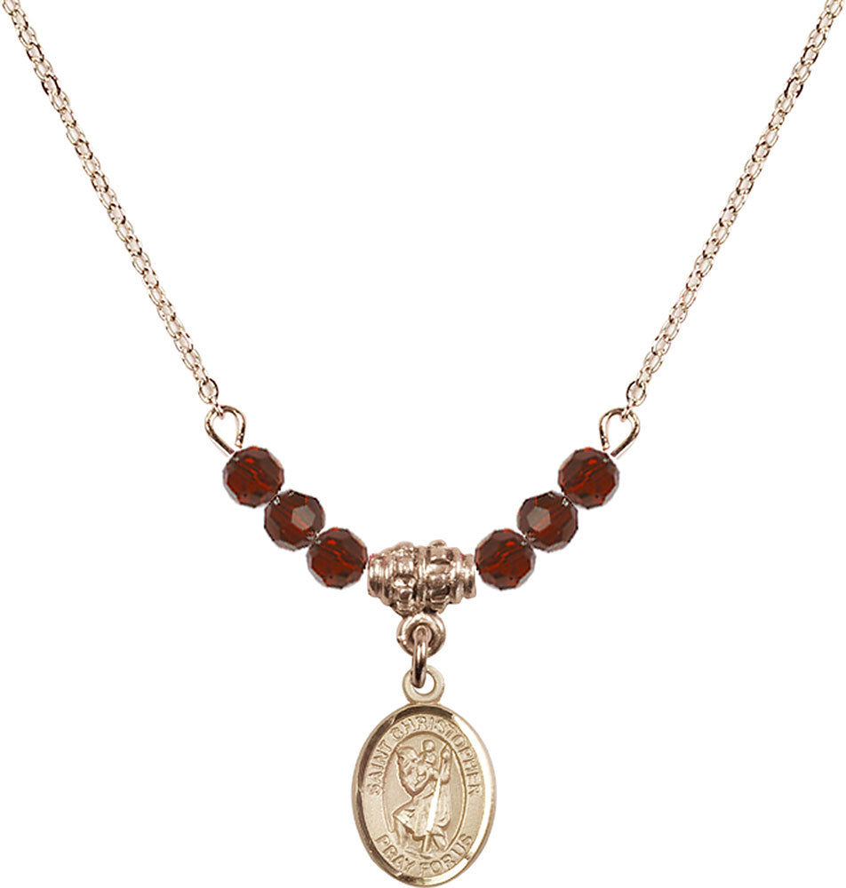 14kt Gold Filled Saint Christopher Birthstone Necklace with Garnet Beads - 9022