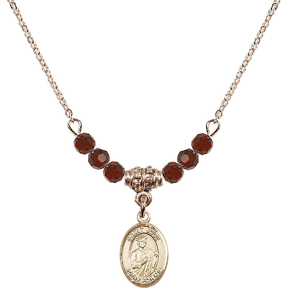 14kt Gold Filled Saint Jude Thaddeus Birthstone Necklace with Garnet Beads - 9060