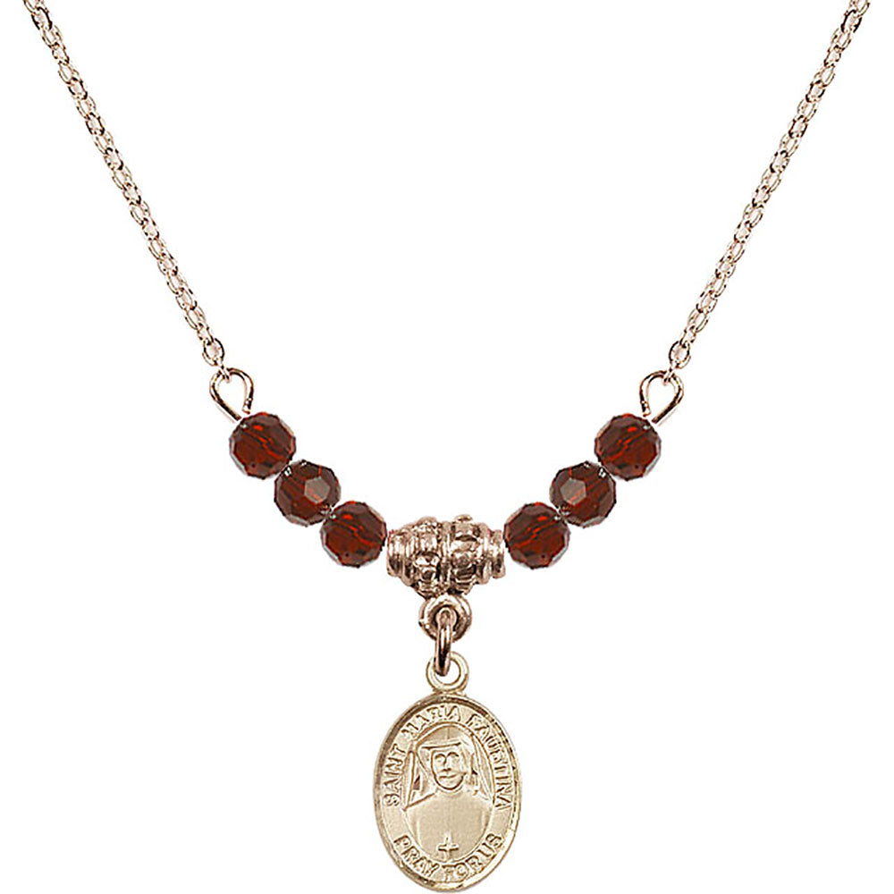 14kt Gold Filled Saint Maria Faustina Birthstone Necklace with Garnet Beads - 9069