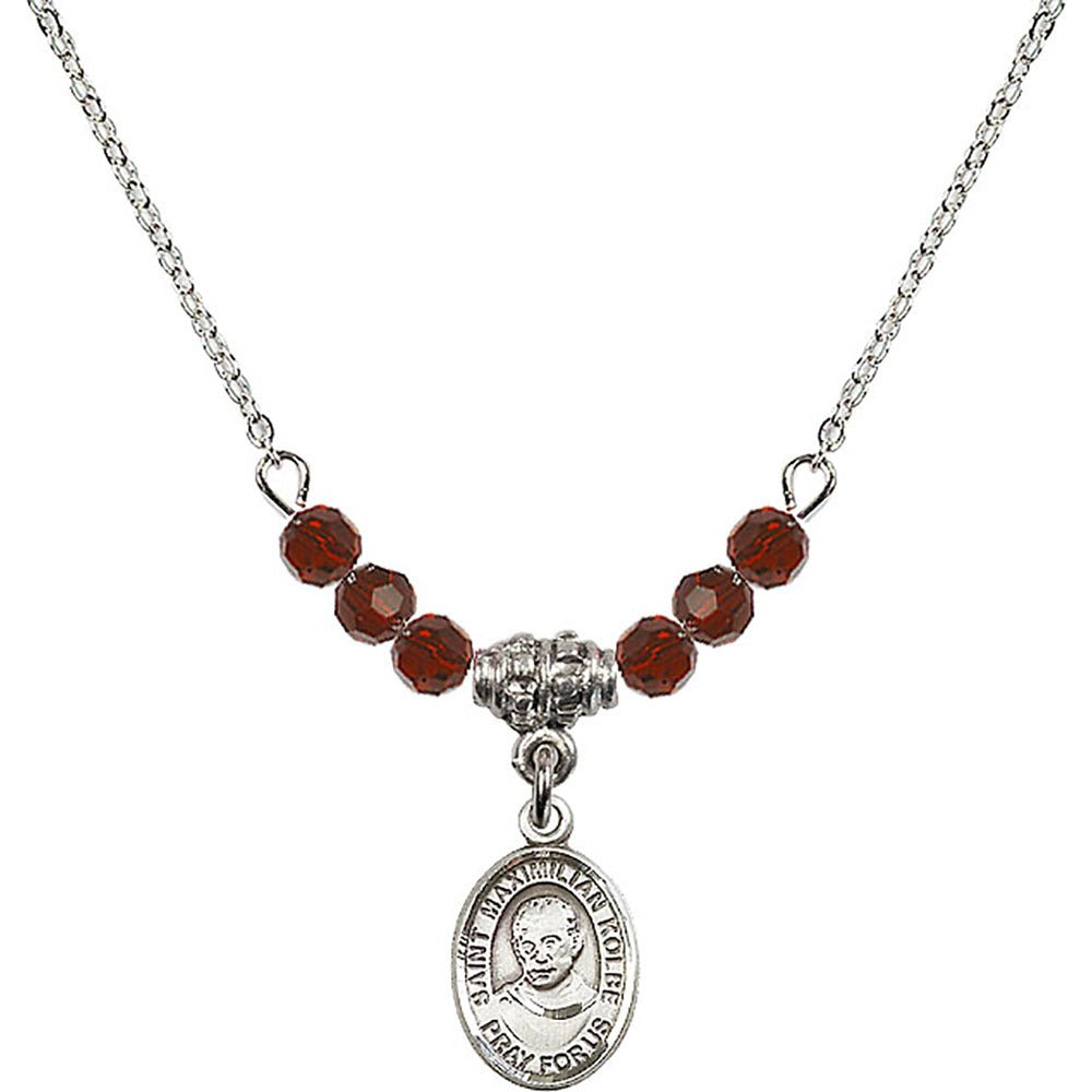 Sterling Silver Saint Maximilian Kolbe Birthstone Necklace with Garnet Beads - 9073
