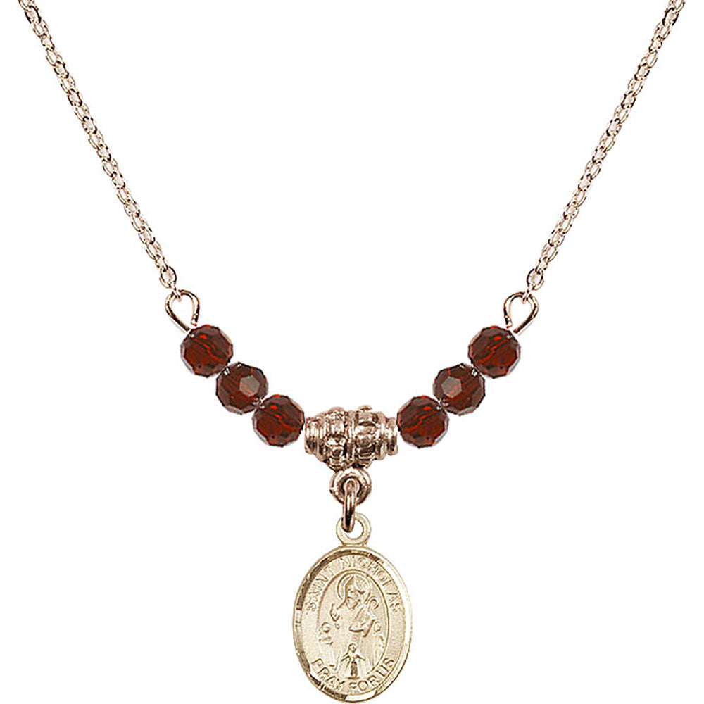 14kt Gold Filled Saint Nicholas Birthstone Necklace with Garnet Beads - 9080