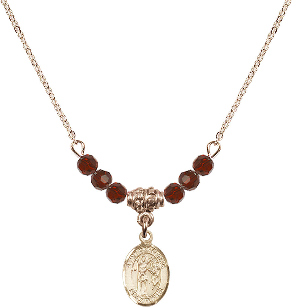 14kt Gold Filled Saint Sebastian Birthstone Necklace with Garnet Beads - 9100