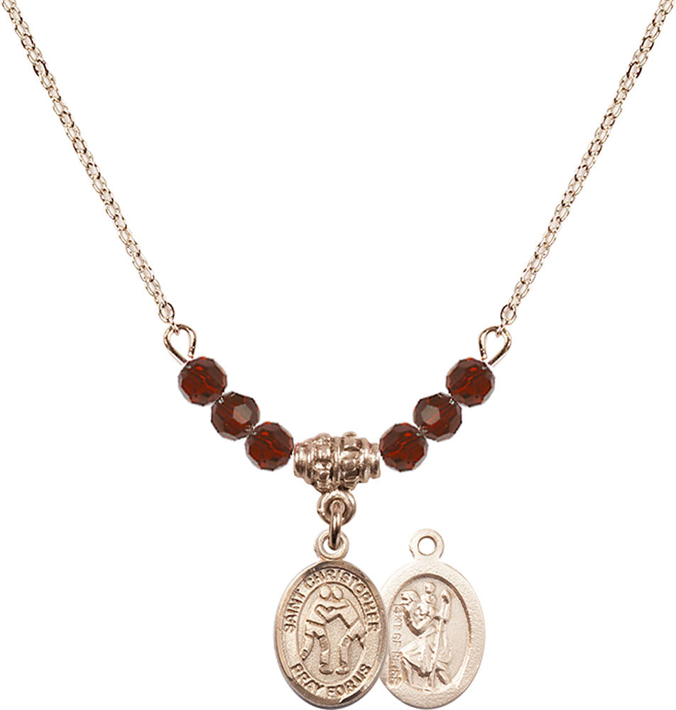 14kt Gold Filled Saint Christopher/Wrestling Birthstone Necklace with Garnet Beads - 9159