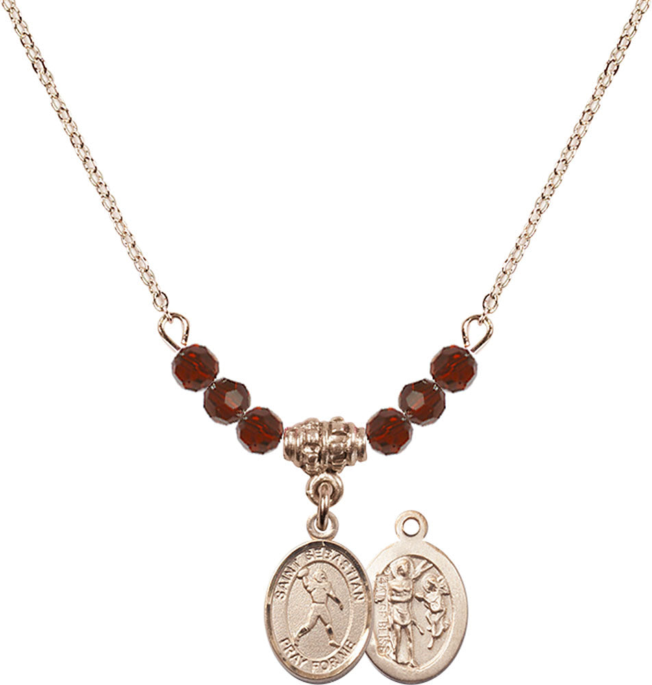 14kt Gold Filled Saint Sebastian/Football Birthstone Necklace with Garnet Beads - 9161