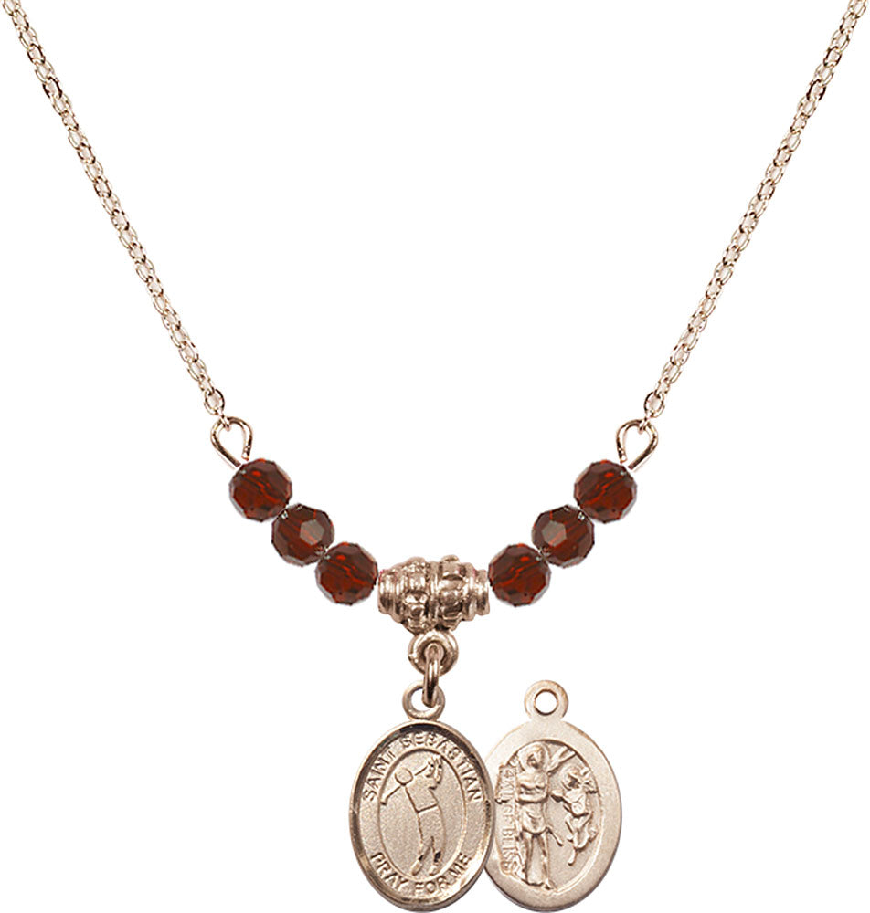 14kt Gold Filled Saint Sebastian/Golf Birthstone Necklace with Garnet Beads - 9162