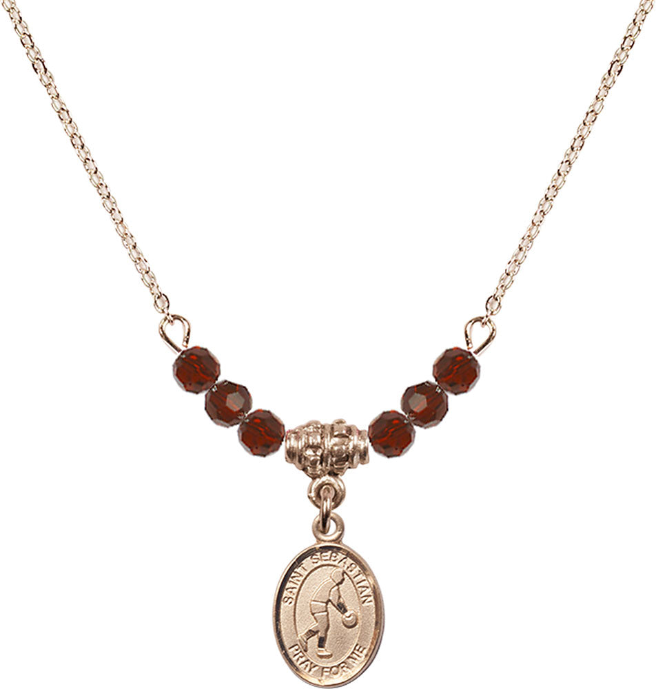 14kt Gold Filled Saint Sebastian/Basketball Birthstone Necklace with Garnet Beads - 9163