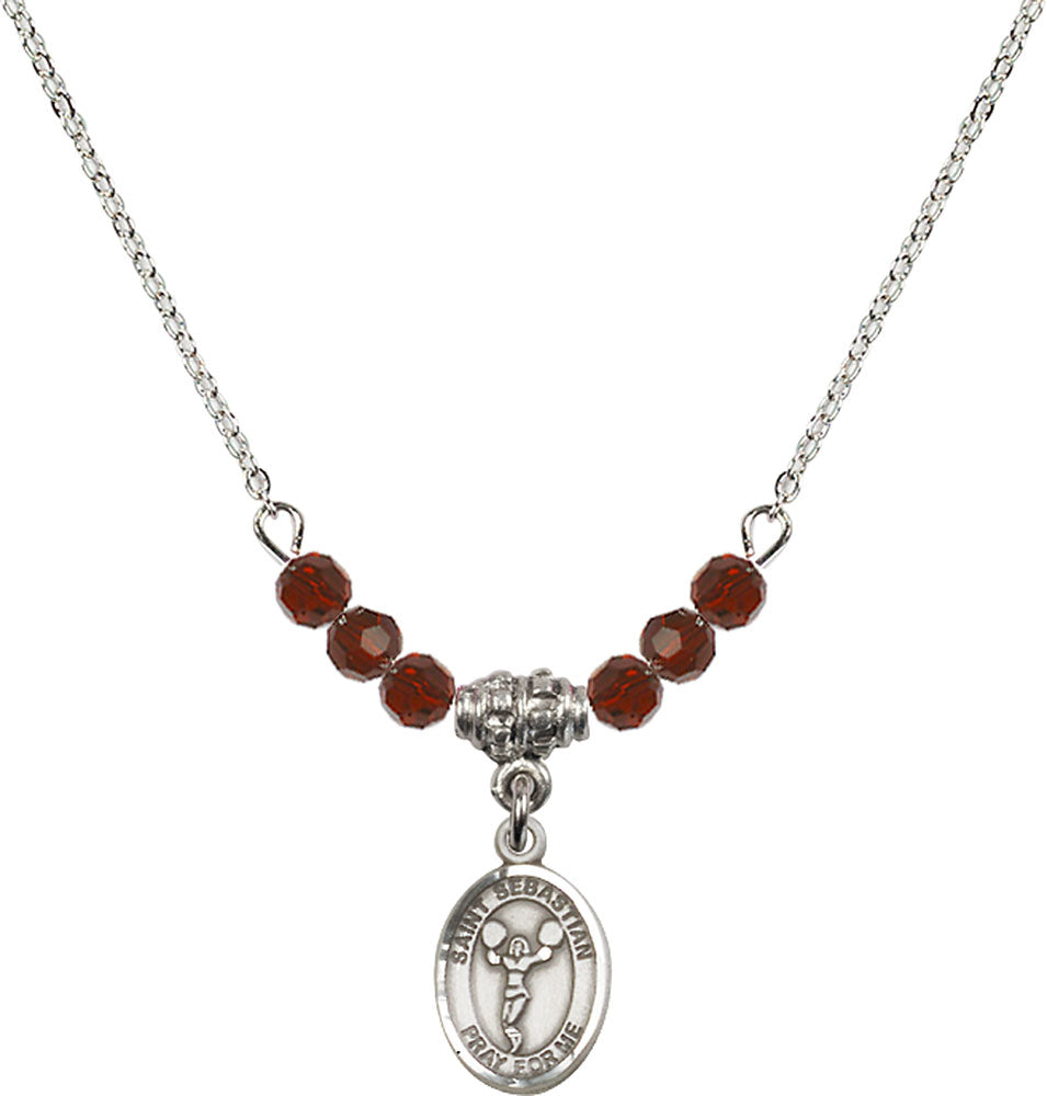 Sterling Silver Saint Sebastian/Cheerleading Birthstone Necklace with Garnet Beads - 9170
