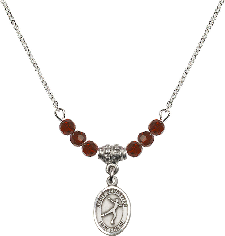 Sterling Silver Saint Sebastian/Figure Skating Birthstone Necklace with Garnet Beads - 9177
