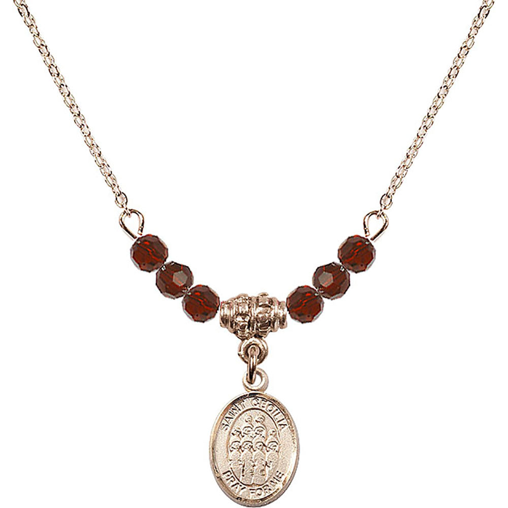 14kt Gold Filled Saint Cecilia / Choir Birthstone Necklace with Garnet Beads - 9180