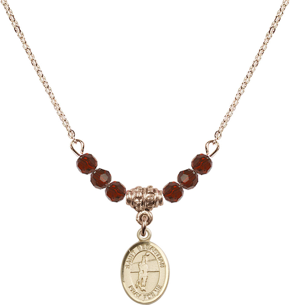 14kt Gold Filled Saint Sebastian / Volleyball Birthstone Necklace with Garnet Beads - 9186