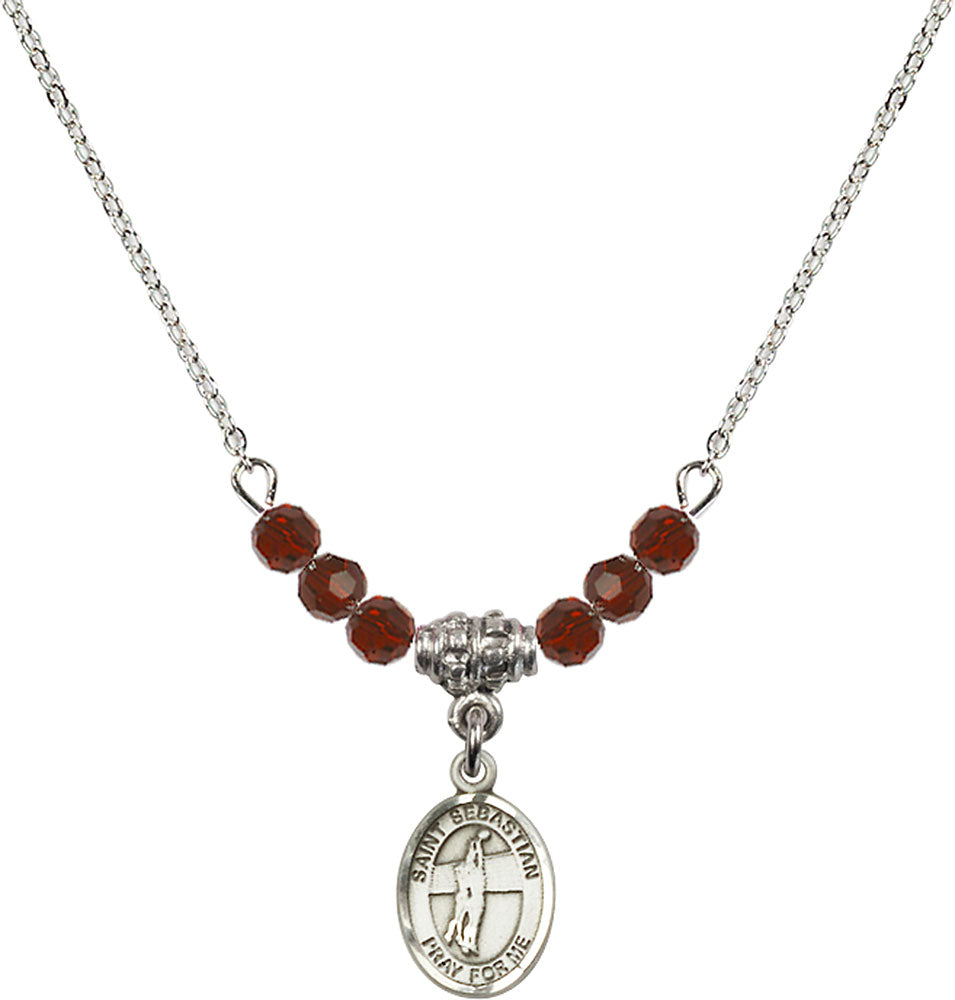Sterling Silver Saint Sebastian / Volleyball Birthstone Necklace with Garnet Beads - 9186