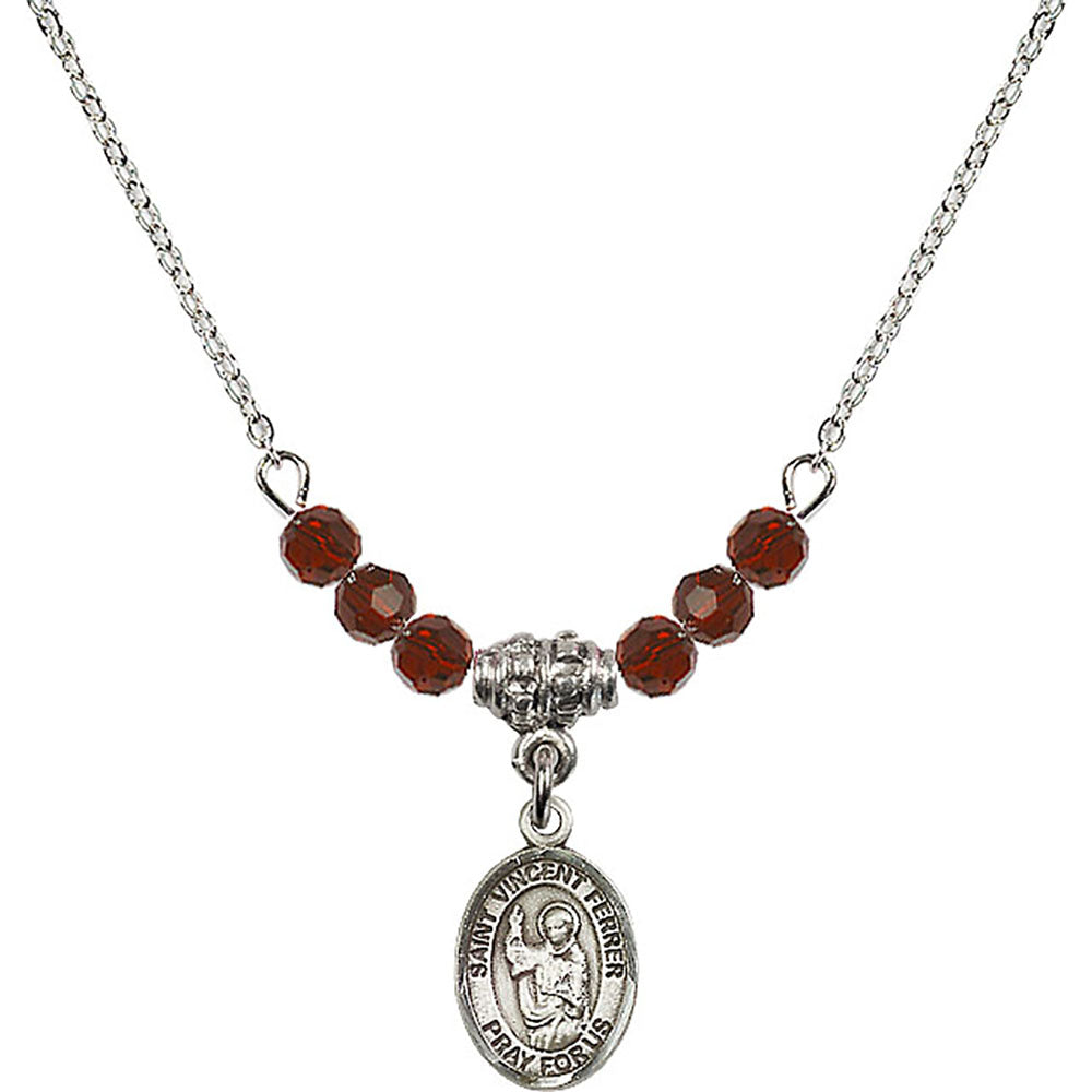 Sterling Silver Saint Vincent Ferrer Birthstone Necklace with Garnet Beads - 9201