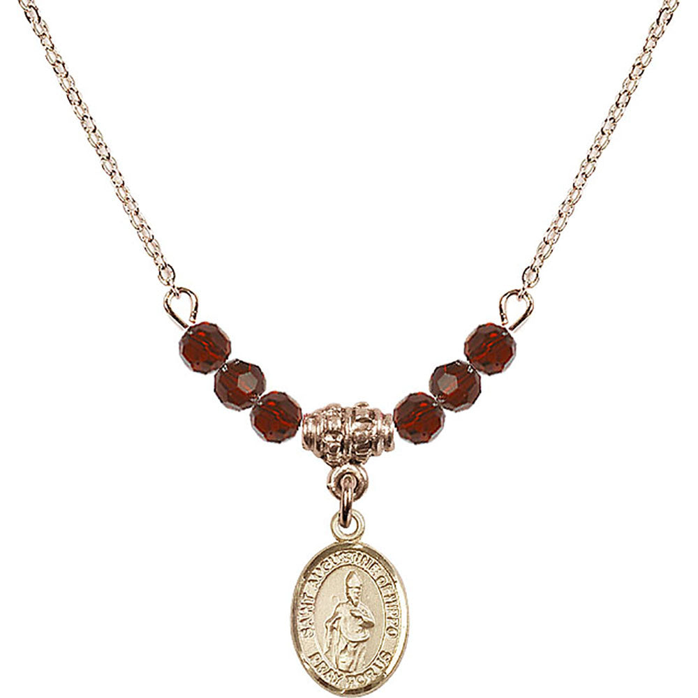 14kt Gold Filled Saint Augustine of Hippo Birthstone Necklace with Garnet Beads - 9202