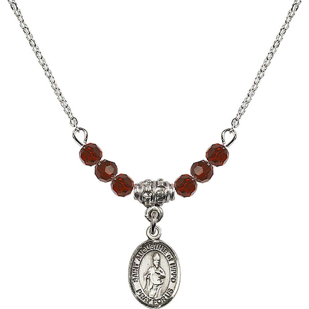 Sterling Silver Saint Augustine of Hippo Birthstone Necklace with Garnet Beads - 9202