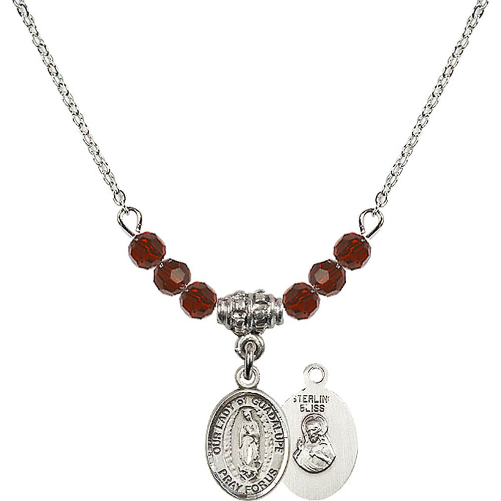 Sterling Silver Our Lady of Guadalupe Birthstone Necklace with Garnet Beads - 9206
