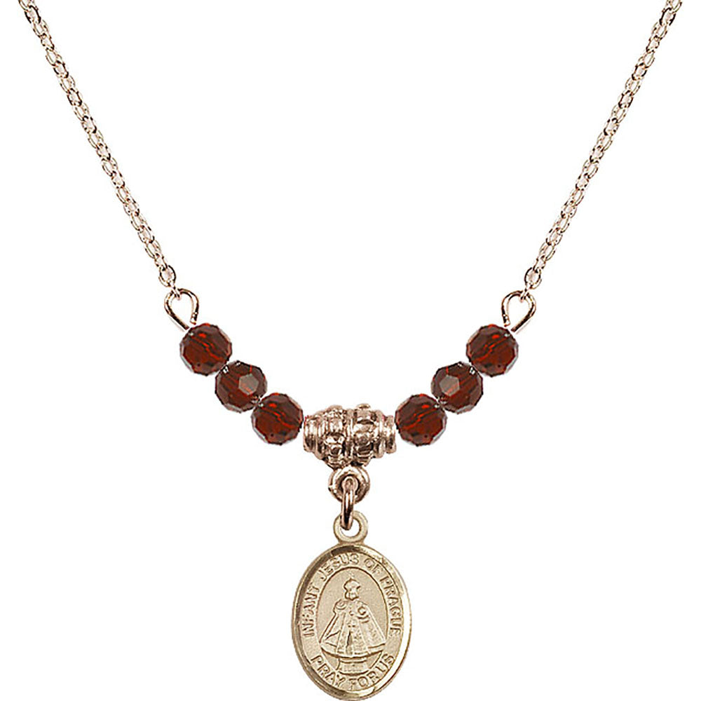 14kt Gold Filled Infant of Prague Birthstone Necklace with Garnet Beads - 9207