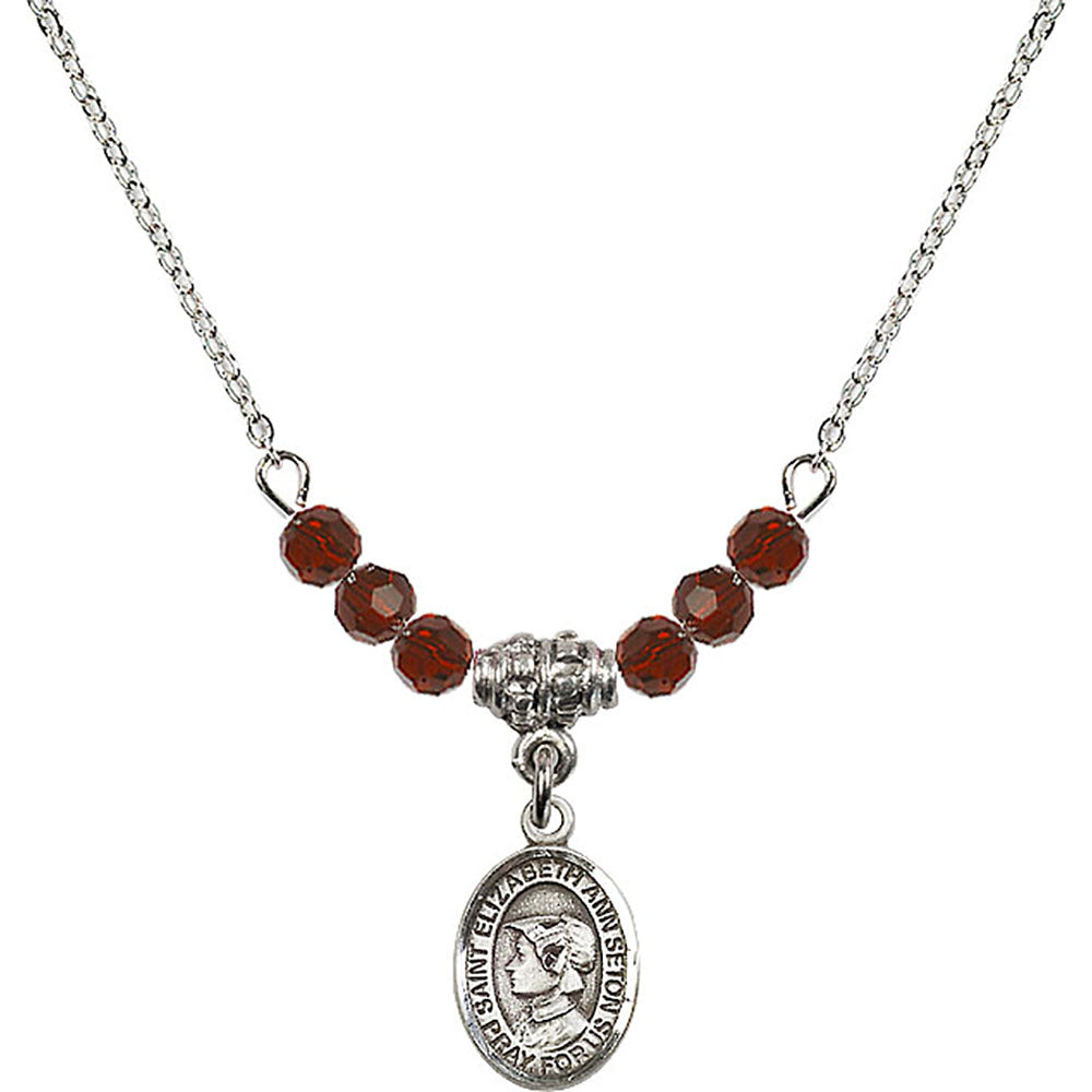 Sterling Silver Saint Elizabeth Ann Seton Birthstone Necklace with Garnet Beads - 9224