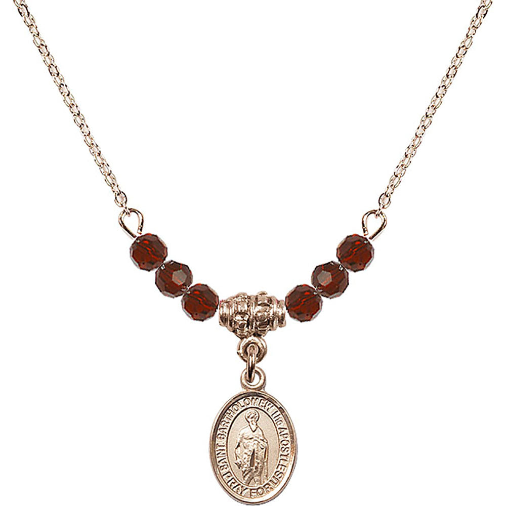 14kt Gold Filled Saint Bartholomew the Apostle Birthstone Necklace with Garnet Beads - 9238