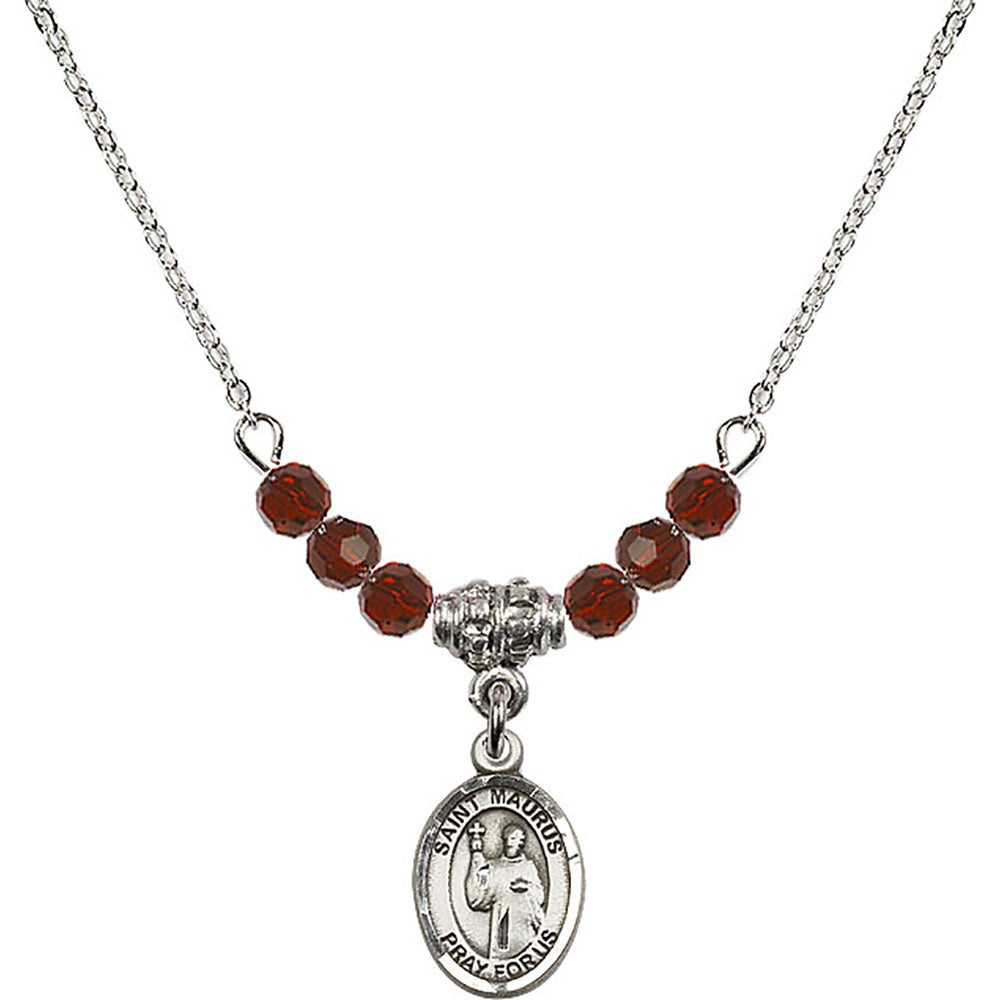Sterling Silver Saint Maurus Birthstone Necklace with Garnet Beads - 9241