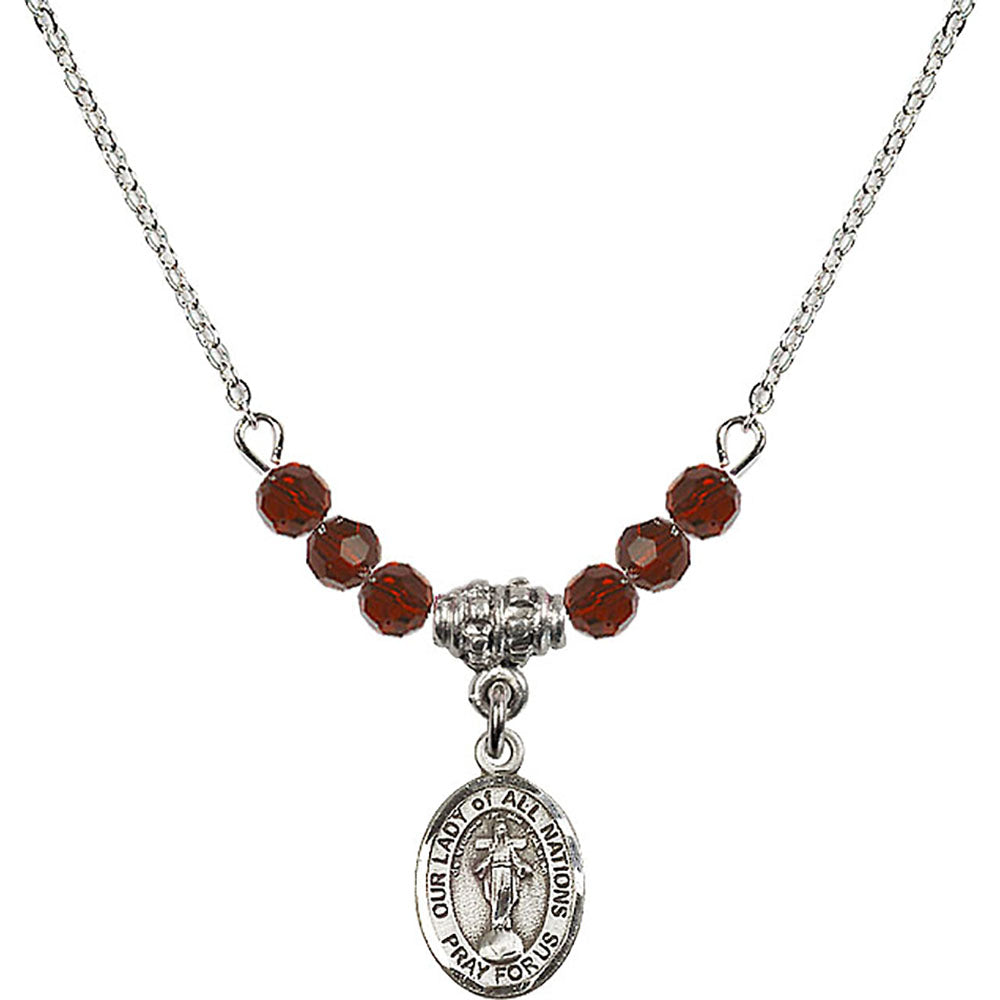 Sterling Silver Our Lady of All Nations Birthstone Necklace with Garnet Beads - 9242