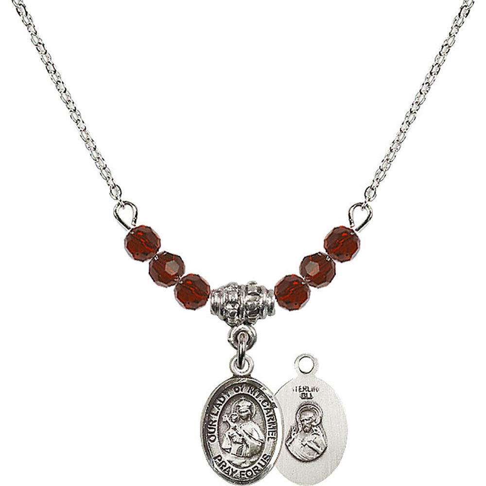 Sterling Silver Our Lady of Mount Carmel Birthstone Necklace with Garnet Beads - 9243