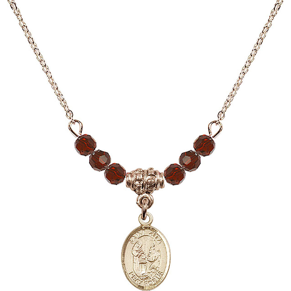 14kt Gold Filled Saint Zita Birthstone Necklace with Garnet Beads - 9244