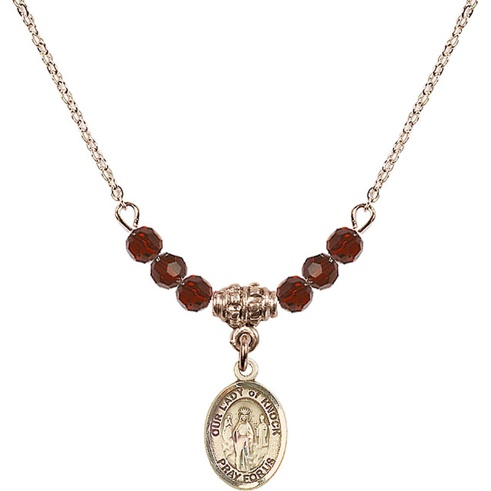 14kt Gold Filled Our Lady of Knock Birthstone Necklace with Garnet Beads - 9246