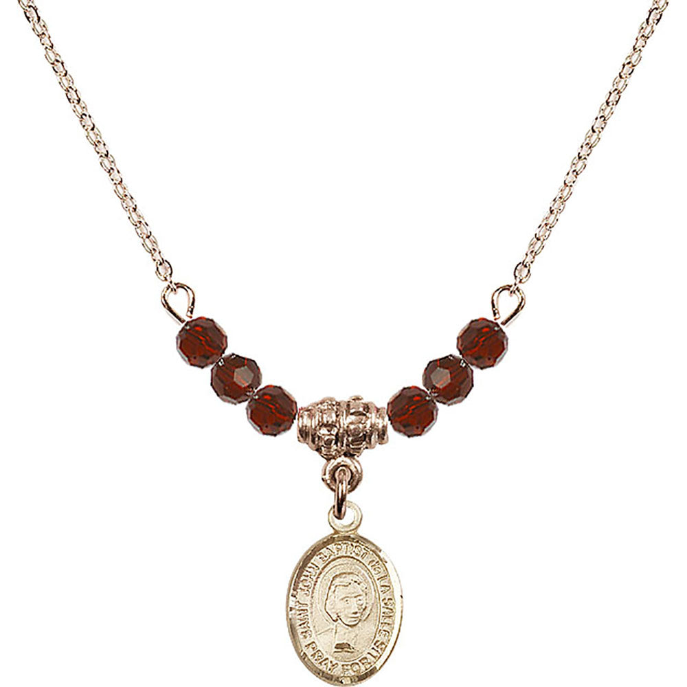 14kt Gold Filled Saint John Baptist de la Salle Birthstone Necklace with Garnet Beads - 9262
