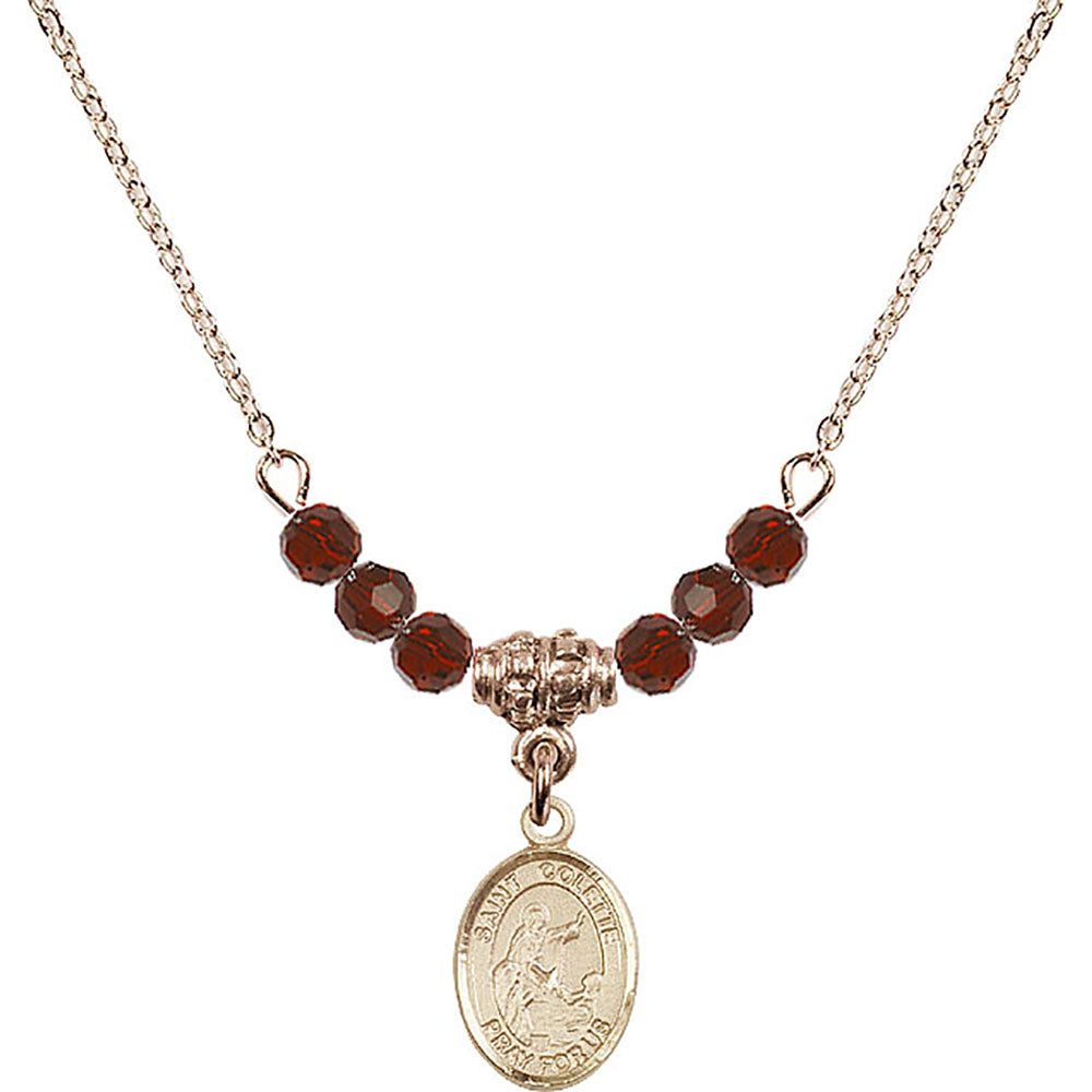 14kt Gold Filled Saint Colette Birthstone Necklace with Garnet Beads - 9268