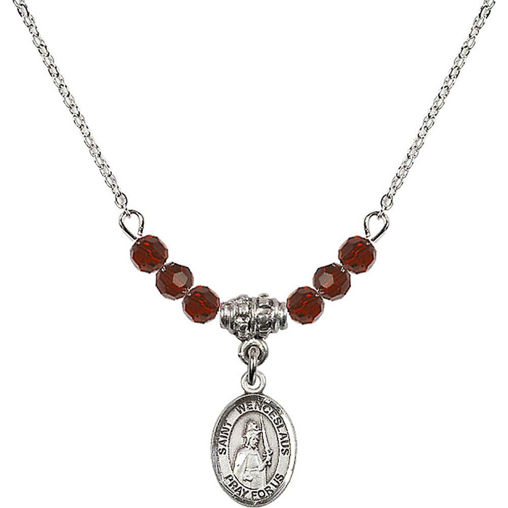 Sterling Silver Saint Wenceslaus Birthstone Necklace with Garnet Beads - 9273
