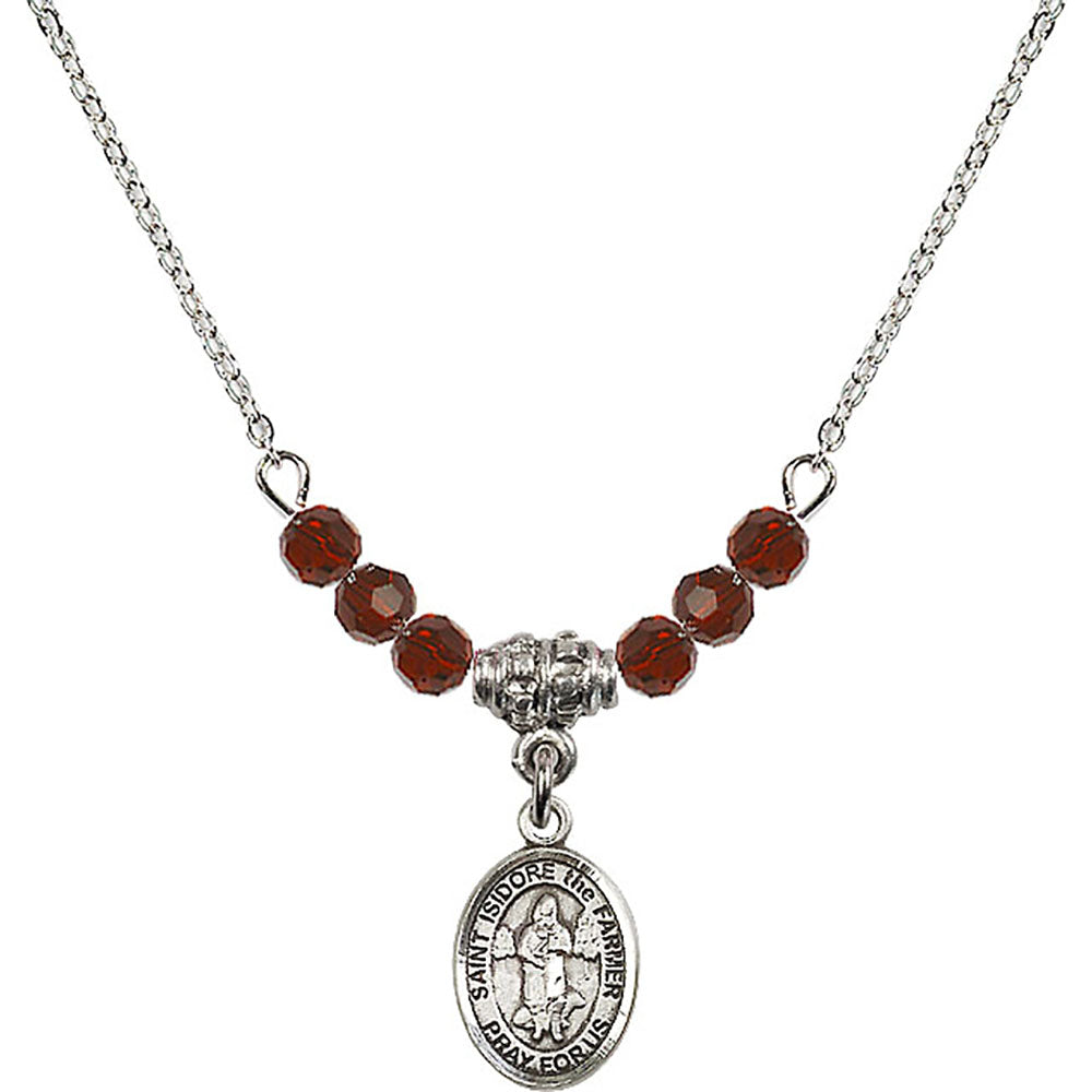 Sterling Silver Saint Isidore the Farmer Birthstone Necklace with Garnet Beads - 9276