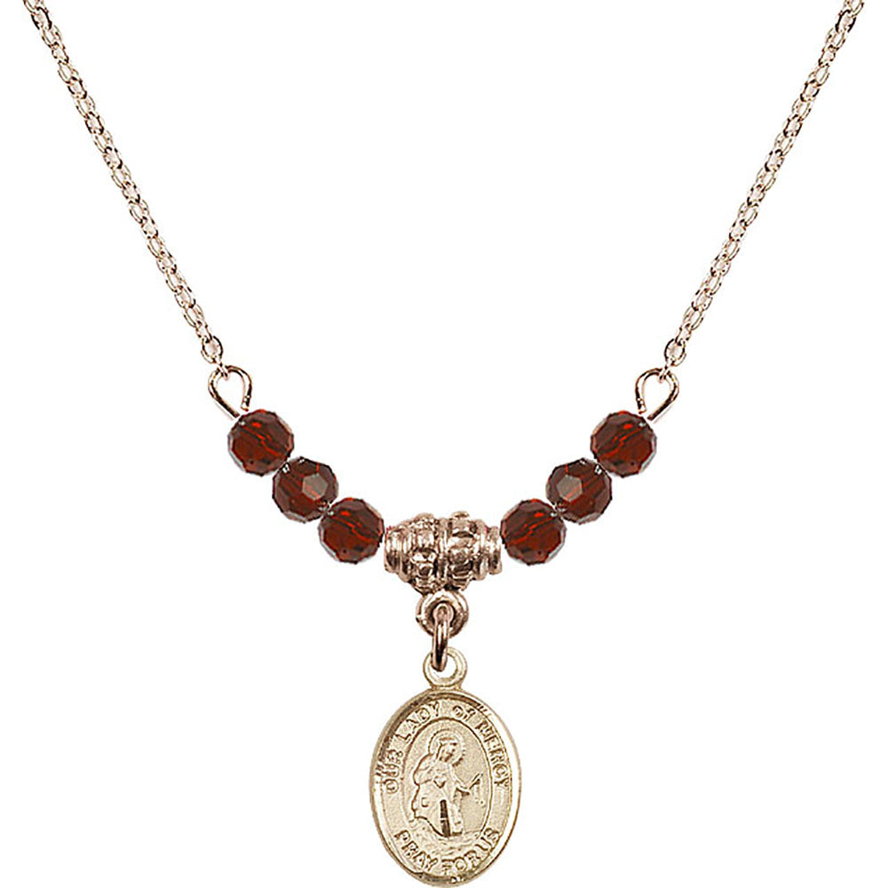 14kt Gold Filled Our Lady of Mercy Birthstone Necklace with Garnet Beads - 9289