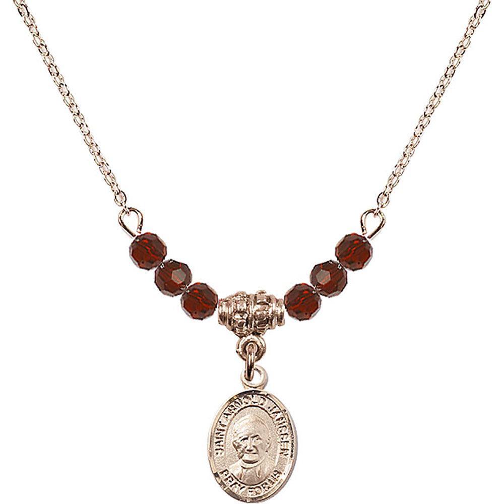 14kt Gold Filled Saint Arnold Janssen Birthstone Necklace with Garnet Beads - 9328