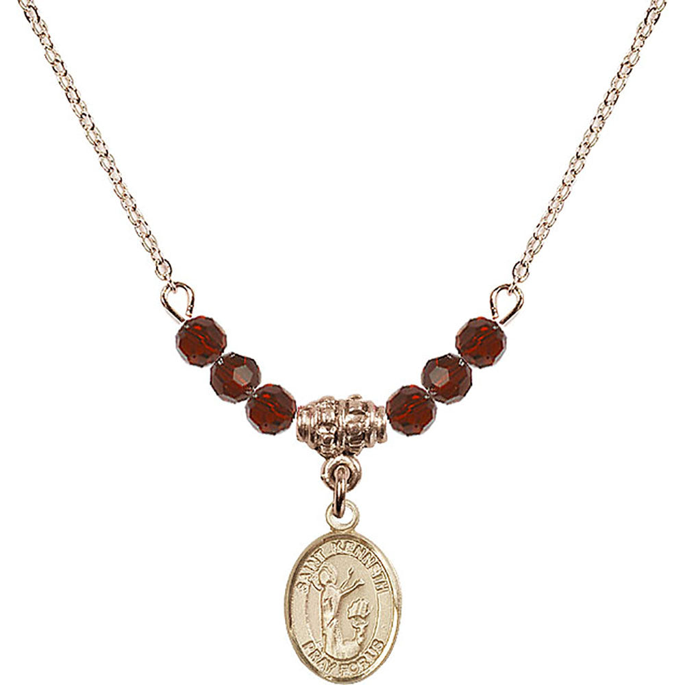 14kt Gold Filled Saint Kenneth Birthstone Necklace with Garnet Beads - 9332