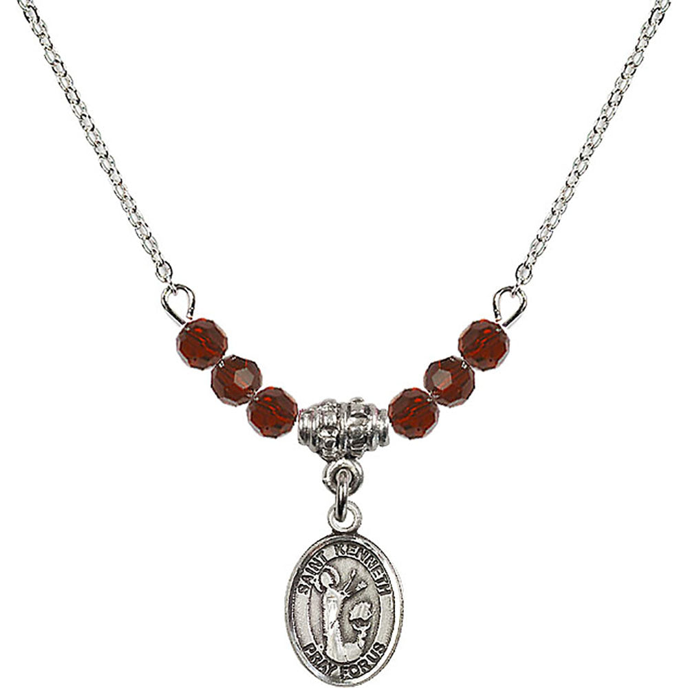 Sterling Silver Saint Kenneth Birthstone Necklace with Garnet Beads - 9332