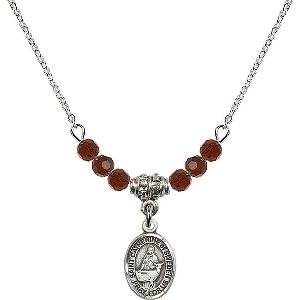 Sterling Silver Saint Catherine of Sweden Birthstone Necklace with Garnet Beads - 9336