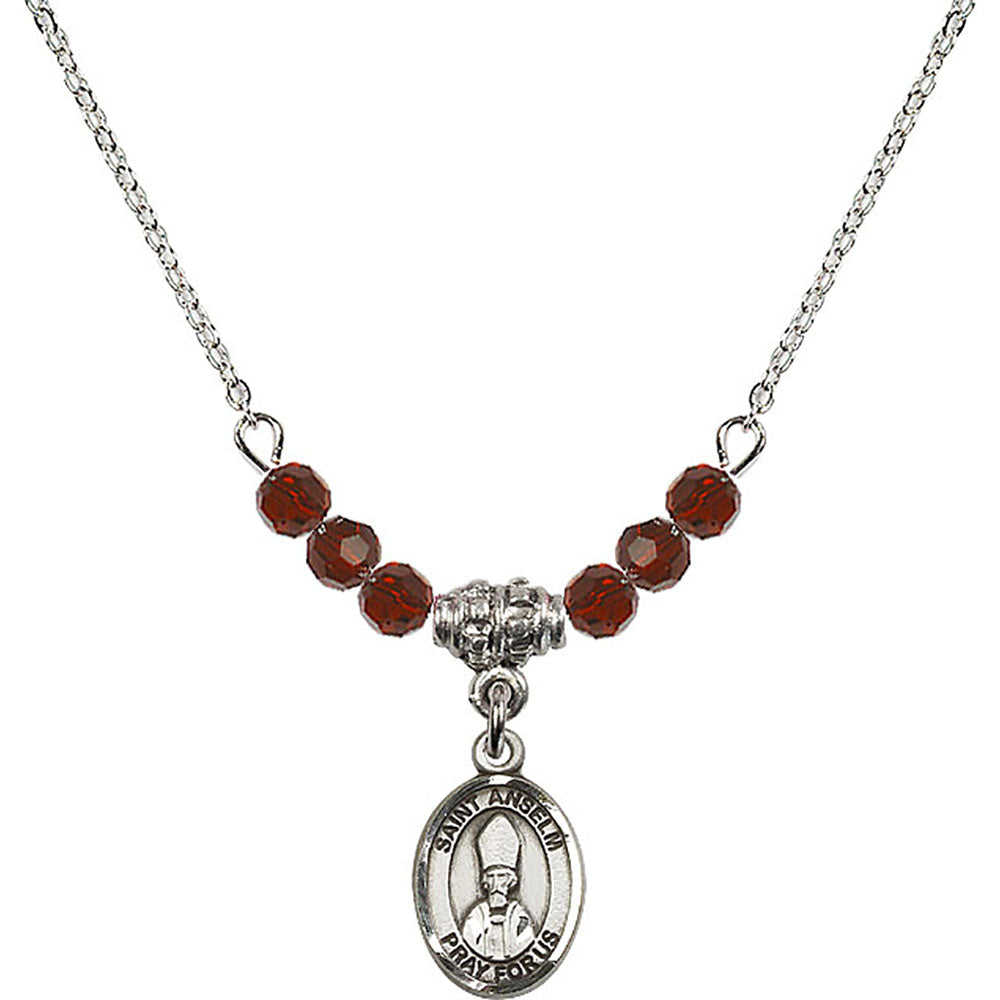 Sterling Silver Saint Anselm of Canterbury Birthstone Necklace with Garnet Beads - 9342