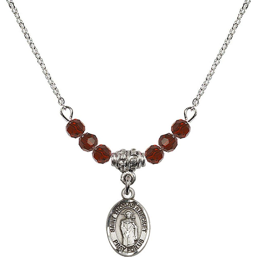 Sterling Silver Saint Thomas A Becket Birthstone Necklace with Garnet Beads - 9344