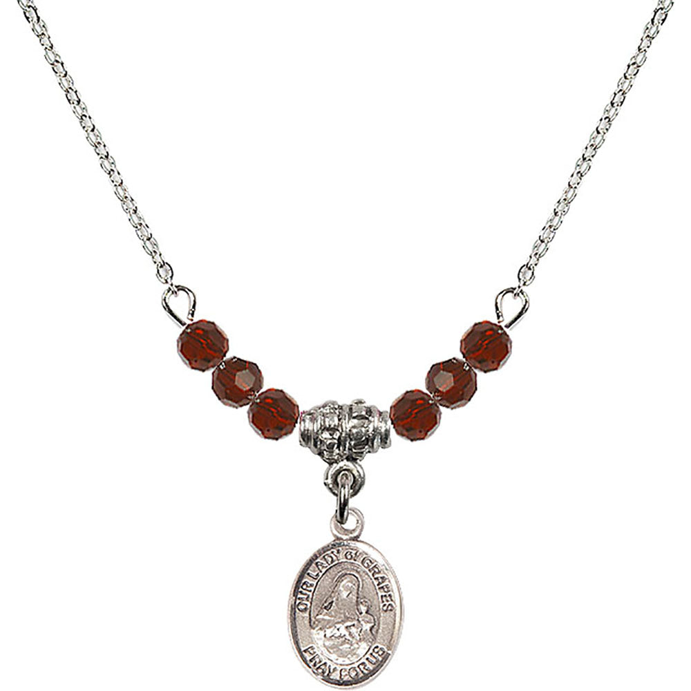 Sterling Silver Our Lady of Grapes Birthstone Necklace with Garnet Beads - 9347